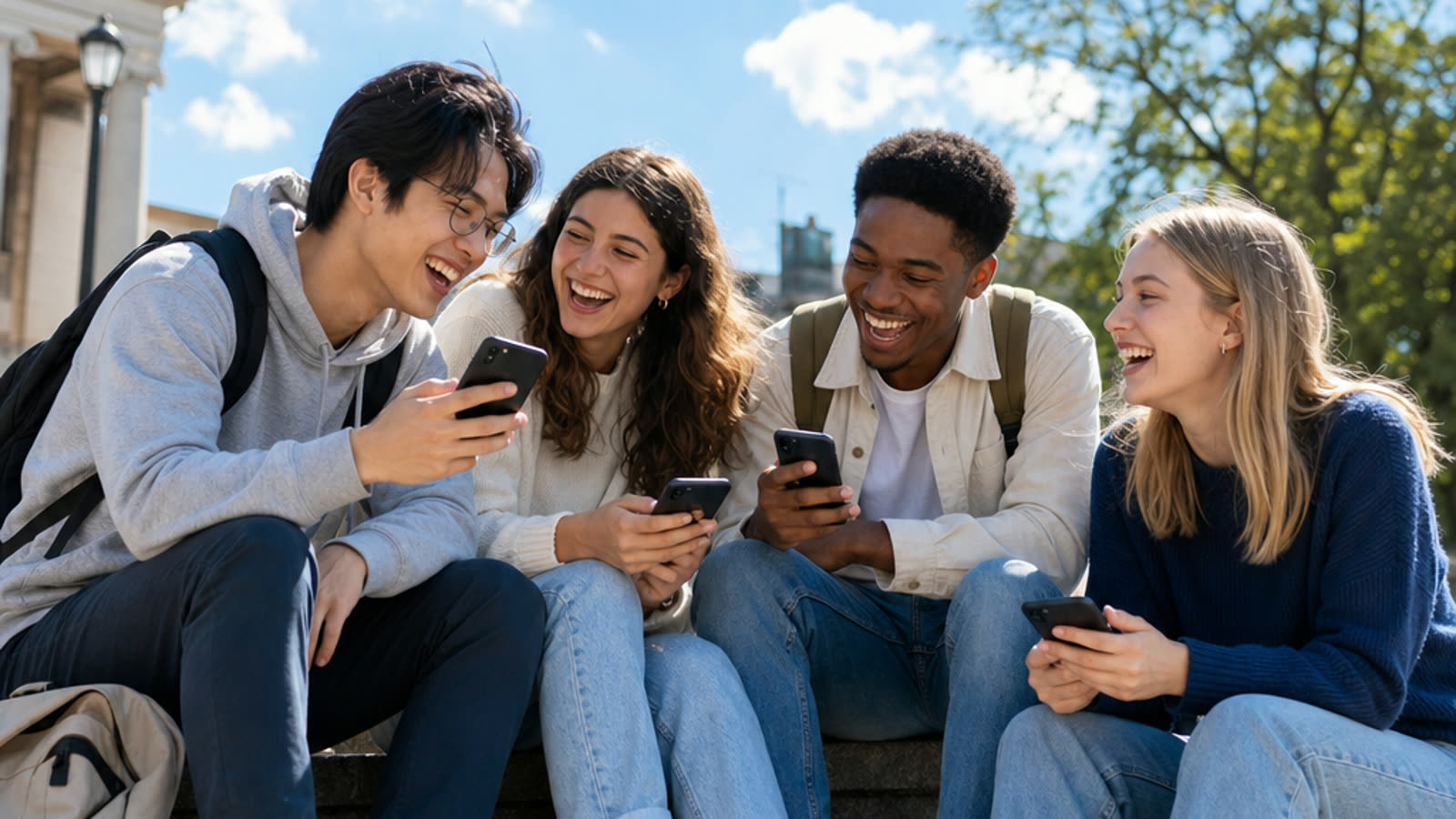 Students comparing notes and gear at a shared table