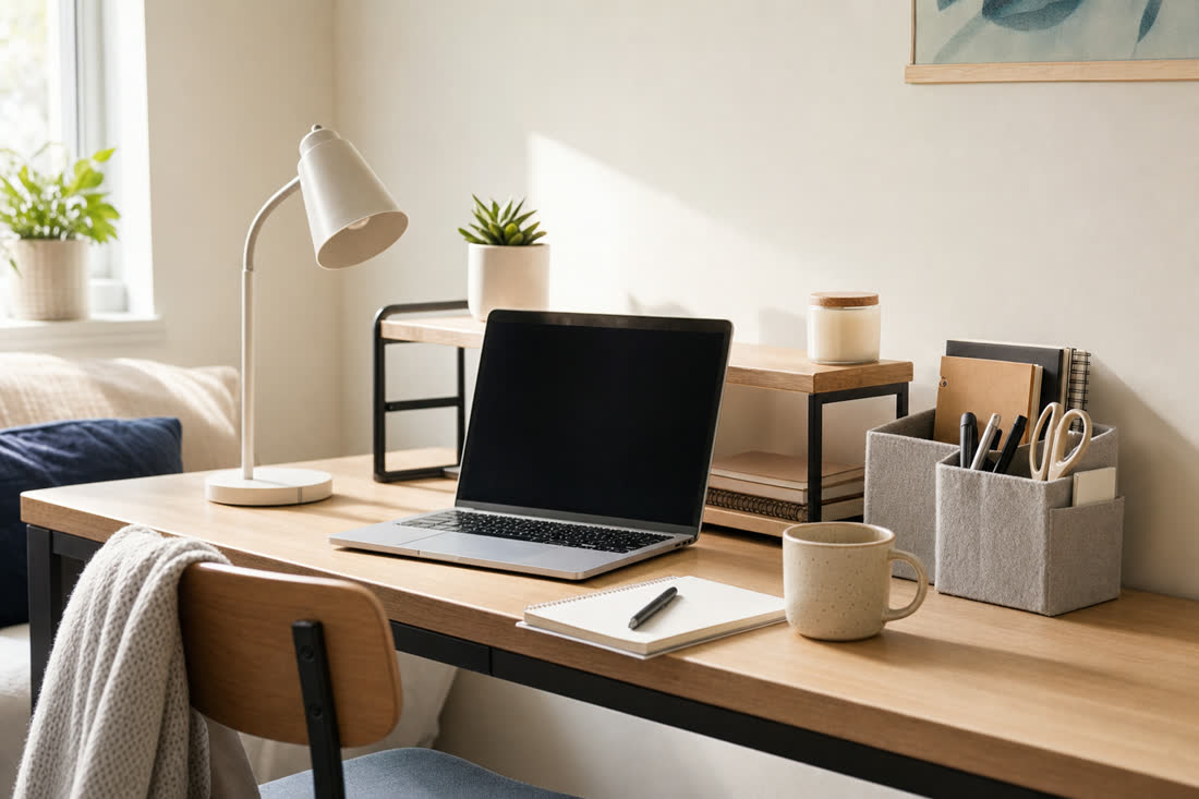 A dorm room set up with bedding, storage bins and a desk lamp